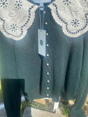 Antonio Marras Forest Green Knit Cardigan with Lace Collar